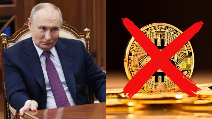 Na snímke ruský prezident Vladimir Putin a Bitcoin.