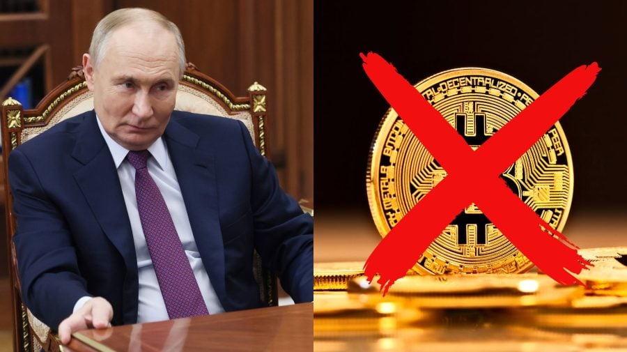 Na snímke ruský prezident Vladimir Putin a Bitcoin.