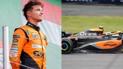 Jazdec F1 Lando Norris na pódiu a jeho monopost.