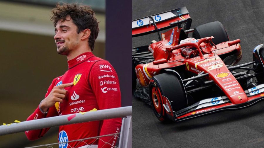 Charles Leclerc na pódiu a jeho monopost.