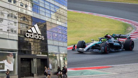 Na snímke predajňa Adidas v New Yorku a Lewis Hamilton v kokpite Mercedesu na Veľkej Cene Maďarska v roku 2024.