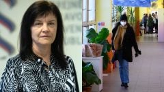 Hlavný hygienik SR dr. Tatiana Červeňová a žiaci počas prestávky.